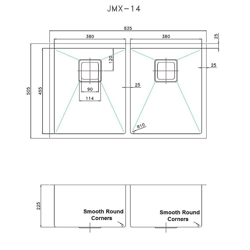 835x505mm Handmade 1.5mm Stainless Steel Undermount / Topmount Kitchen Sink with Square Waste