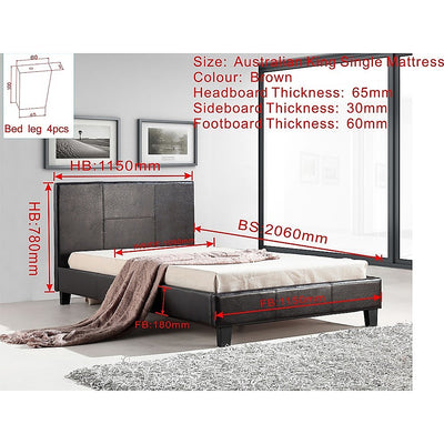 King Single PU Leather Bed Frame Brown