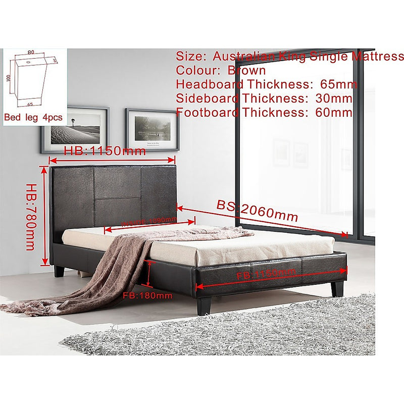 King Single PU Leather Bed Frame Brown