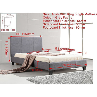 King Single Linen Fabric Bed Frame Grey