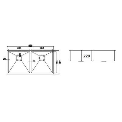 865x440mm Handmade Stainless Steel Undermount / Topmount Kitchen Sink with Waste