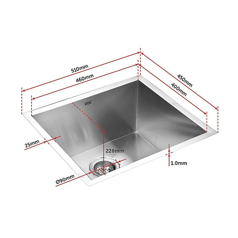 510x450mm Handmade Stainless Steel Undermount / Topmount Kitchen Laundry Sink with Waste