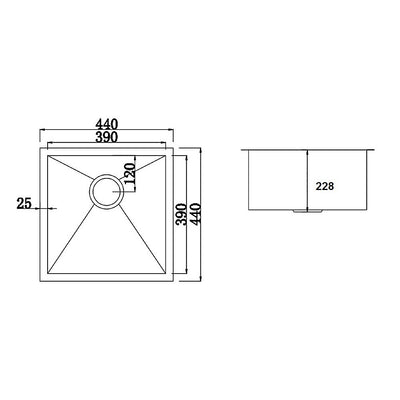 440x440mm Handmade Stainless Steel Undermount / Topmount Kitchen Laundry Sink with Waste