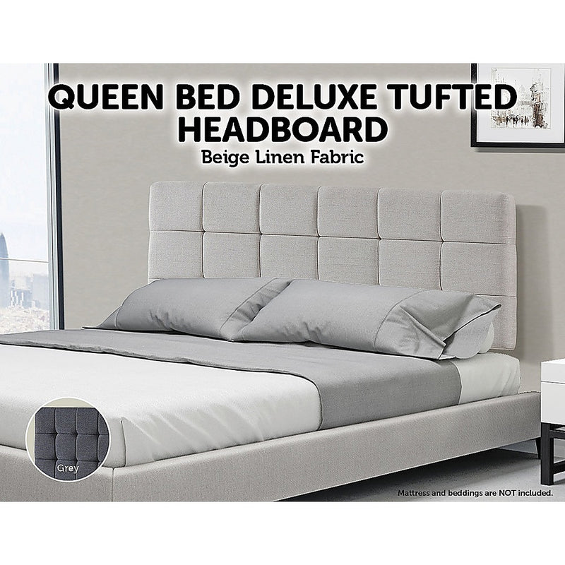 Linen Fabric Queen Bed Deluxe Headboard Bedhead - Beige