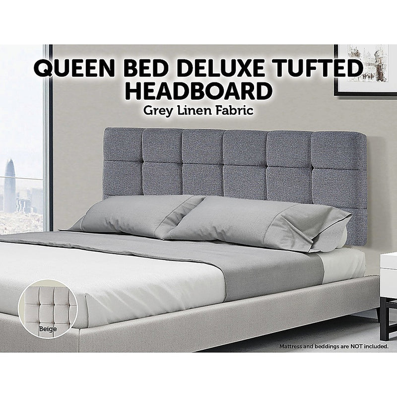 Linen Fabric Queen Bed Deluxe Headboard Bedhead - Grey