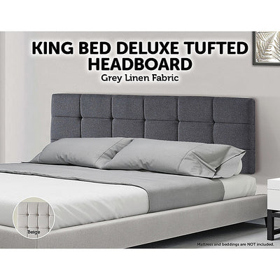 Linen Fabric King Bed Deluxe Headboard Bedhead - Grey