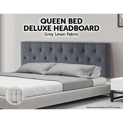 Linen Fabric Queen Bed Deluxe Headboard Bedhead - Grey