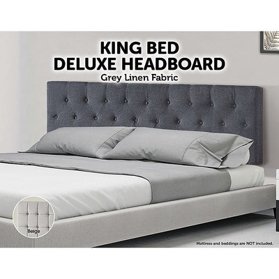 Linen Fabric King Bed Deluxe Headboard Bedhead - Grey