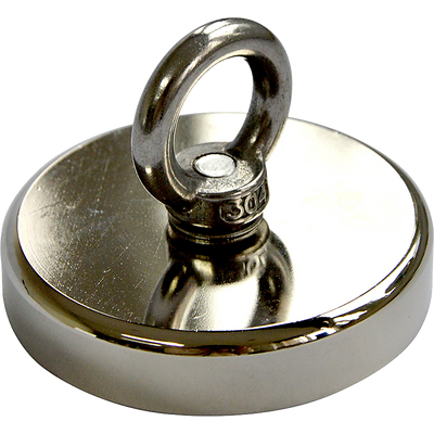 Round Neodymium Fishing Magnet with Countersunk Hole and Eyebolt, 500 LBS pull