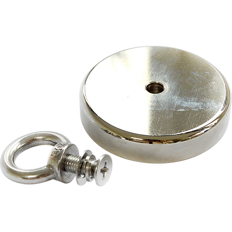 Round Neodymium Fishing Magnet with Countersunk Hole and Eyebolt, 500 LBS pull