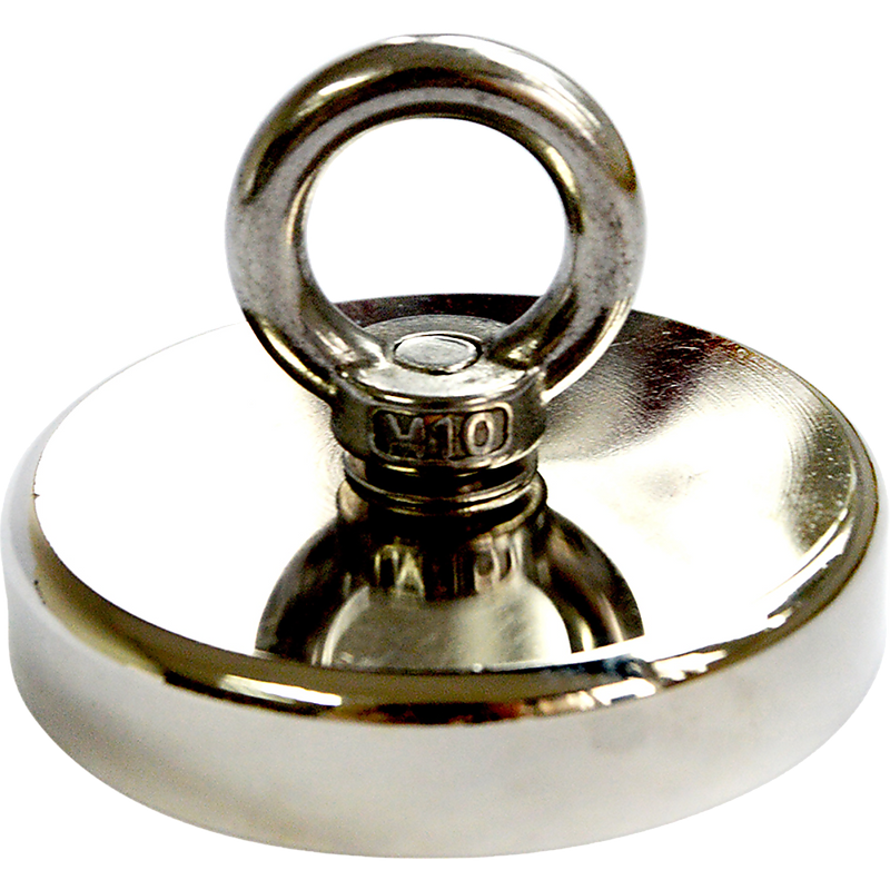 Round Neodymium Fishing Magnet with Countersunk Hole and Eyebolt, 500 LBS pull