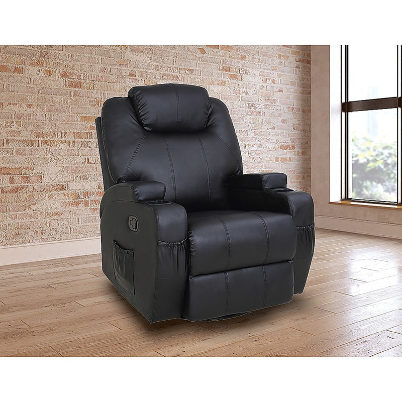 Black Massage Sofa Chair Recliner 360 Degree Swivel PU Leather Lounge 8 Point Heated