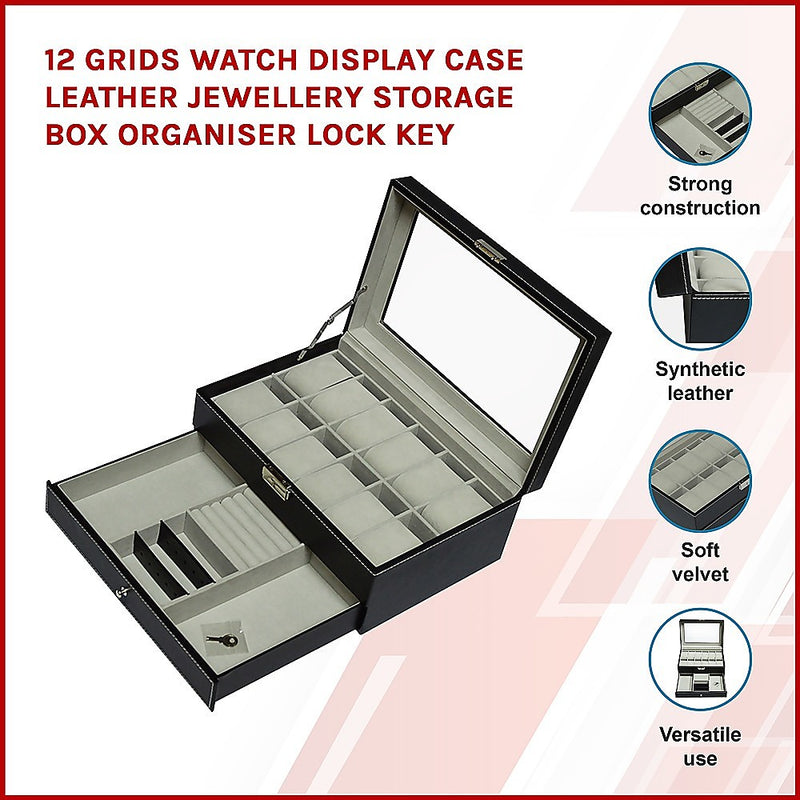 12 Grids Watch Display Case Leather jewellery Storage Box Organiser Lock Key