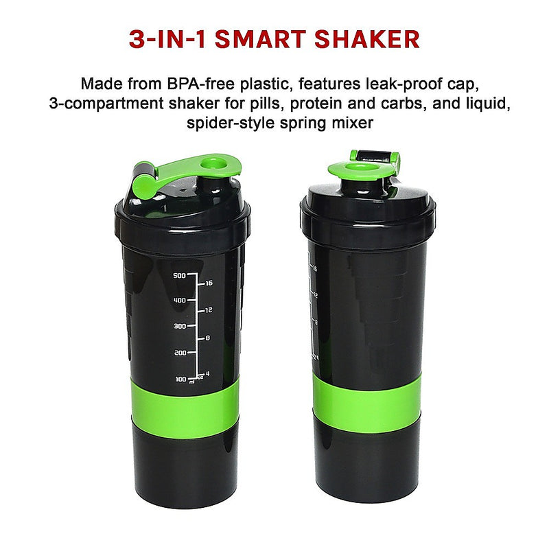 2x Protein Gym Shaker Premium 3 in 1 Smart Style Blender Mixer Cup Bottle Spider