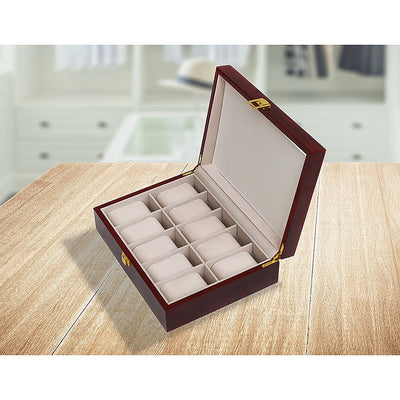 10 Grids Wooden Watch Case Glass Jewellery Storage Holder Box Wood Display