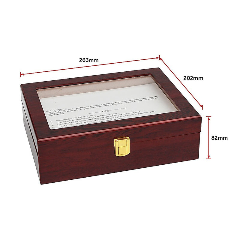 10 Grids Wooden Watch Case Glass Jewellery Storage Holder Box Wood Display