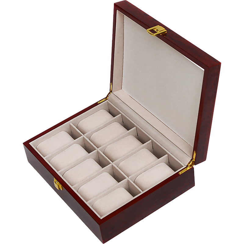 10 Grids Wooden Watch Case Glass Jewellery Storage Holder Box Wood Display