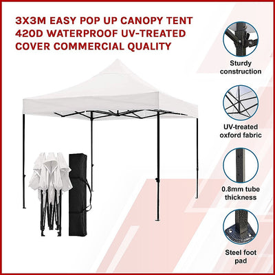 3x3m Easy Pop up Canopy Tent 420D Waterproof UV-Treated Cover Commercial Quality