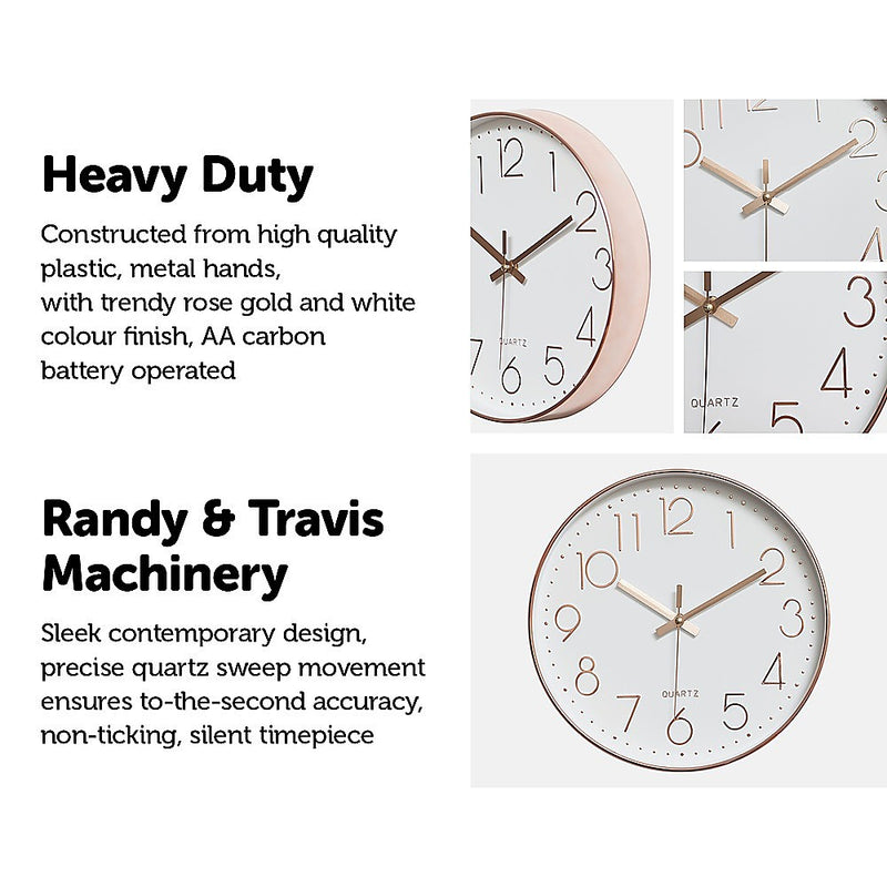 Modern Wall Clock Silent Non-Ticking Quartz Battery Operated Rose Gold