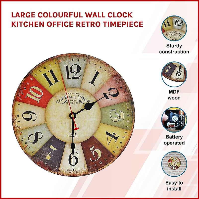 Large Colourful Wall Clock Kitchen Office Retro Timepiece