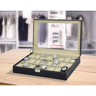 Watch Box - 24 Slot Luxury Display Case With Framed Glass Lid