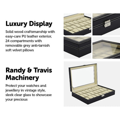 Watch Box - 24 Slot Luxury Display Case With Framed Glass Lid