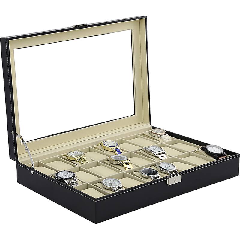 Watch Box - 24 Slot Luxury Display Case With Framed Glass Lid