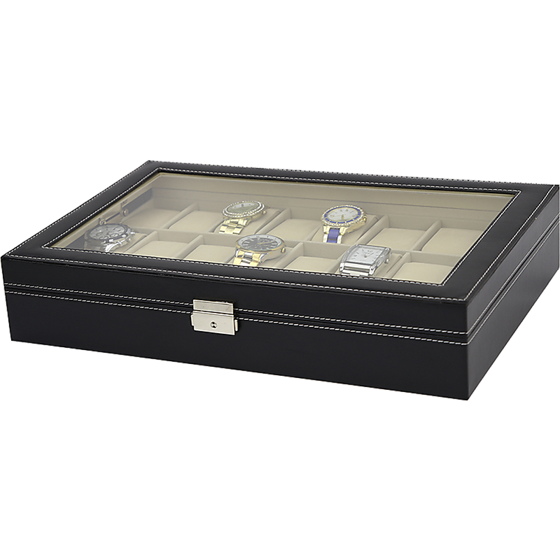 Watch Box - 24 Slot Luxury Display Case With Framed Glass Lid