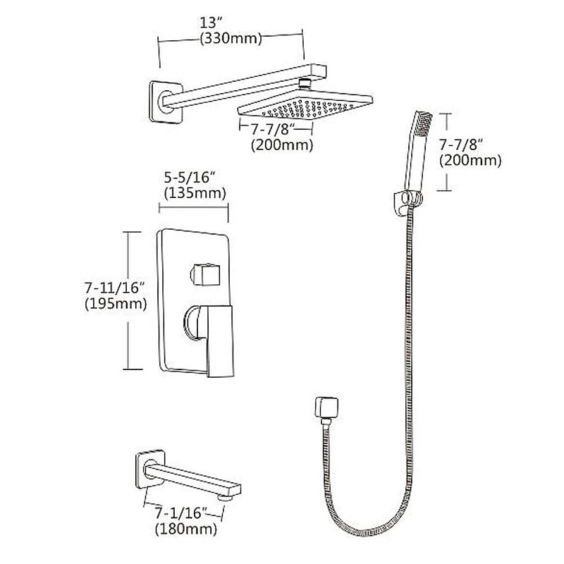 8" Rain Shower Head Straight Wall Arm Mixer Set Wall Bath Spout Outlet Tap