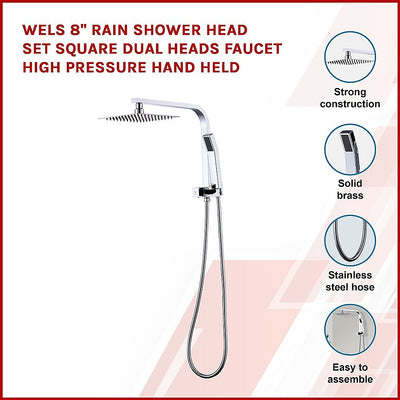 WELS 8" Rain Shower Head Set Square Dual Heads Faucet High Pressure Hand Held