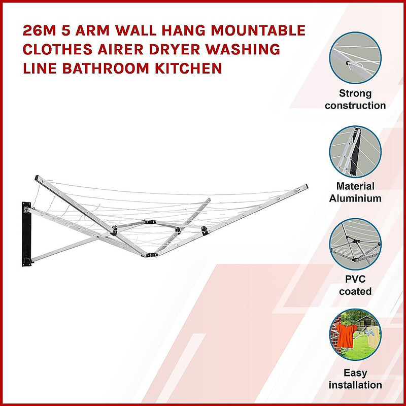 26m 5 Arm Wall Hang Mountable Clothes Airer Dryer Washing Line Bathroom Kitchen