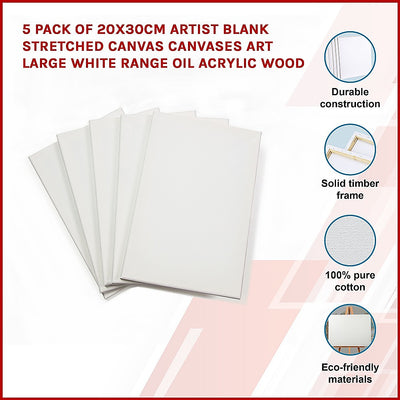 5 pack of 20x30cm Artist Blank Stretched Canvas Canvases Art Large White Range Oil Acrylic Wood