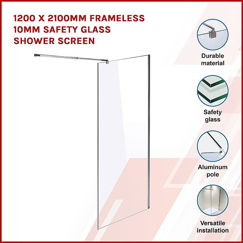 1200 x 2100mm Frameless 10mm Safety Glass Shower Screen