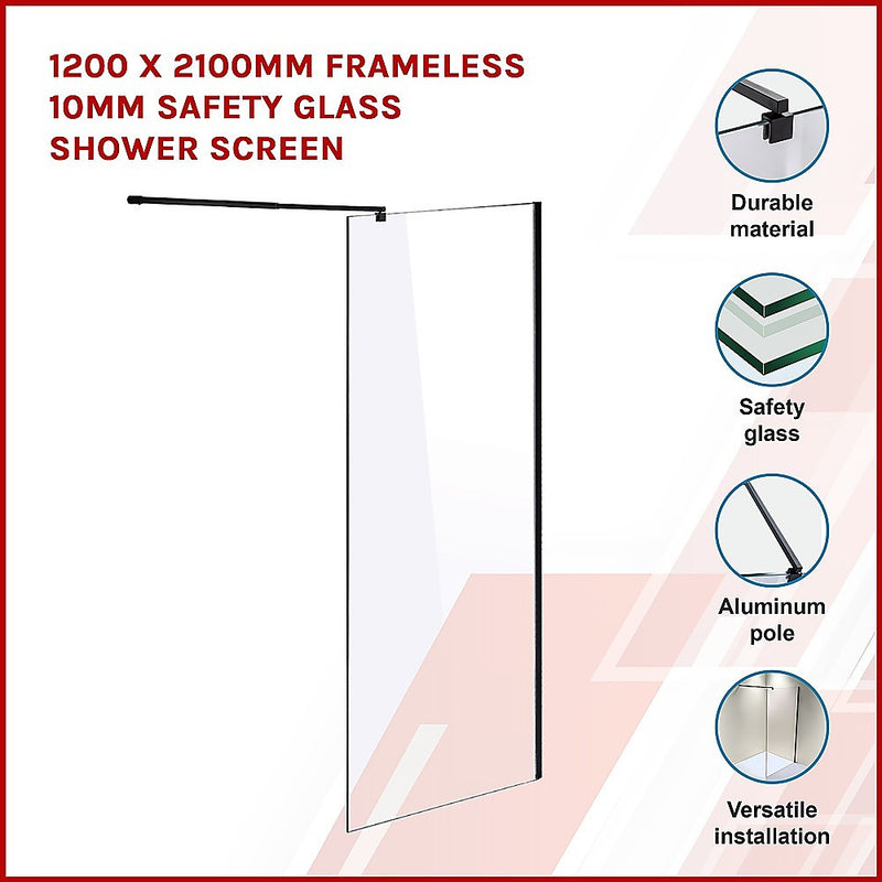 1200 x 2100mm Frameless 10mm Safety Glass Shower Screen