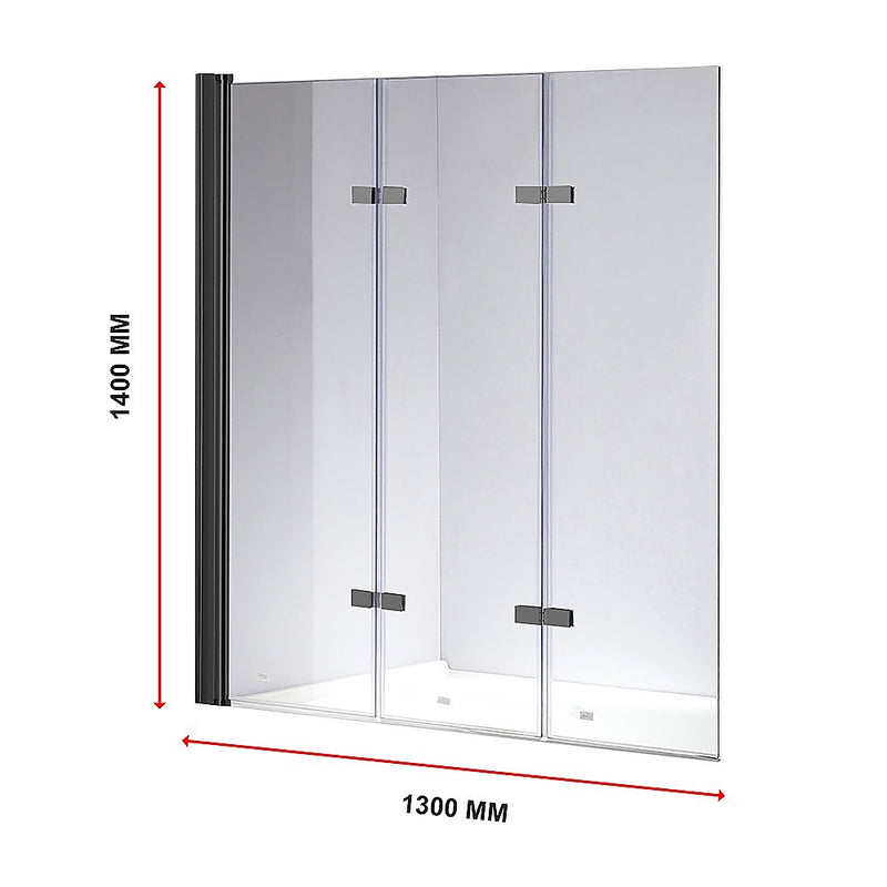 3 Fold Black Folding Bath Shower Screen Door Panel 1300mm x 1400mm