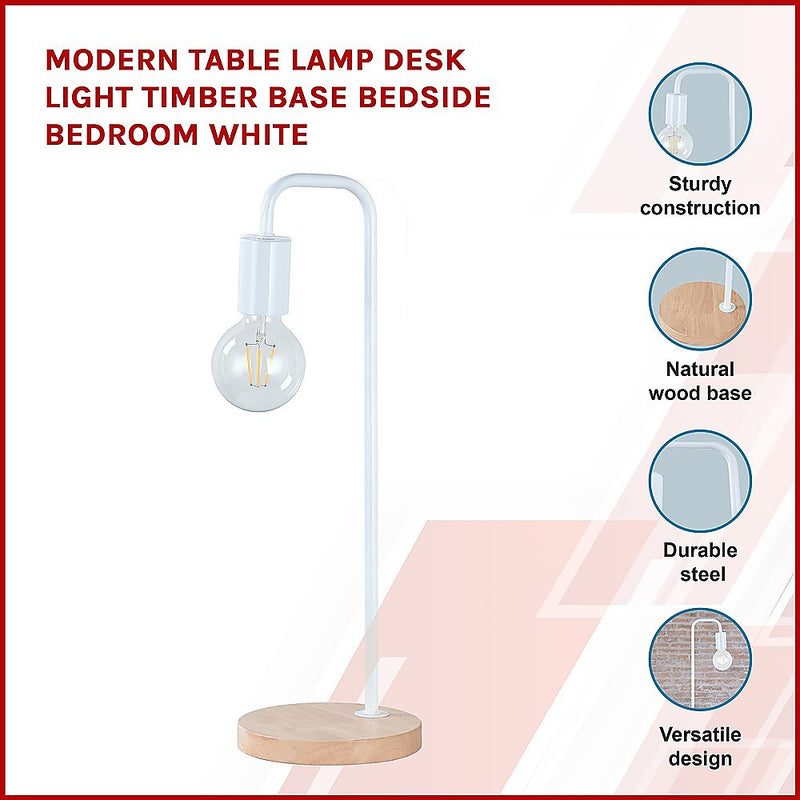 Modern Table lamp Desk Light Timber Base Bedside Bedroom White