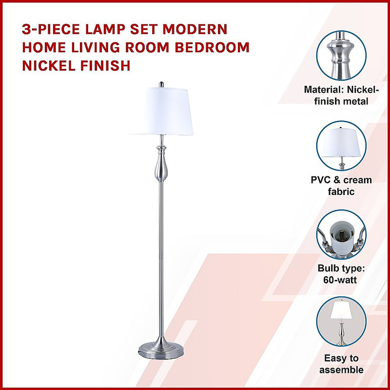 3-Piece Lamp Set Modern Home Living Room Bedroom Nickel Finish