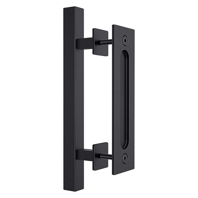 12" Square Pull and Flush Door Handle Set Black Barn Door Hardware