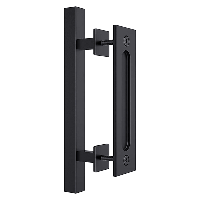 12" Square Pull and Flush Door Handle Set Black Barn Door Hardware