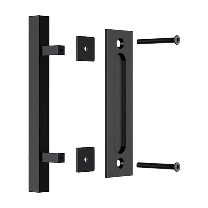 12" Square Pull and Flush Door Handle Set Black Barn Door Hardware
