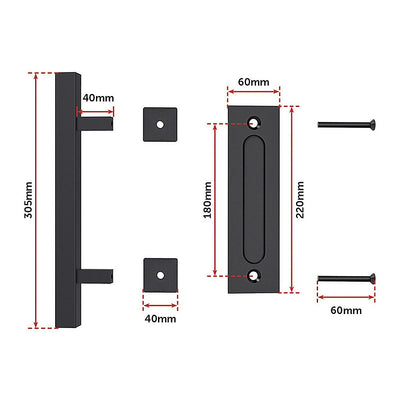12" Square Pull and Flush Door Handle Set Black Barn Door Hardware