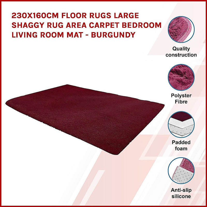 230x160cm Floor Rugs Large Shaggy Rug Area Carpet Bedroom Living Room Mat - Burgundy