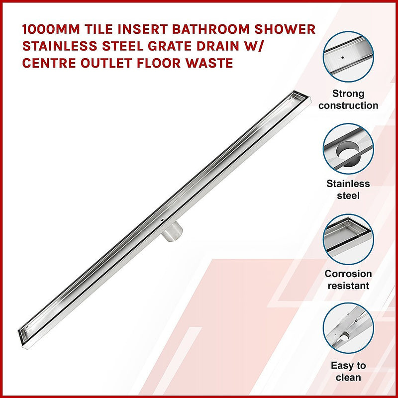 900mm Tile Insert Bathroom Shower Stainless Steel Grate Drain w/Centre outlet Floor Waste