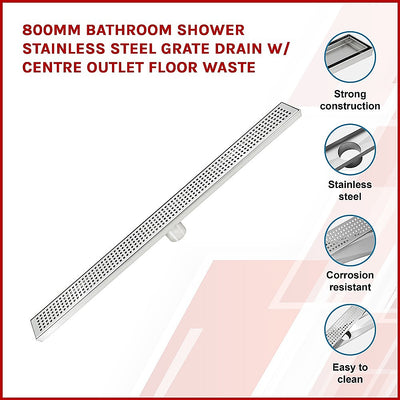 800mm Bathroom Shower Stainless Steel Grate Drain w/Centre outlet Floor Waste