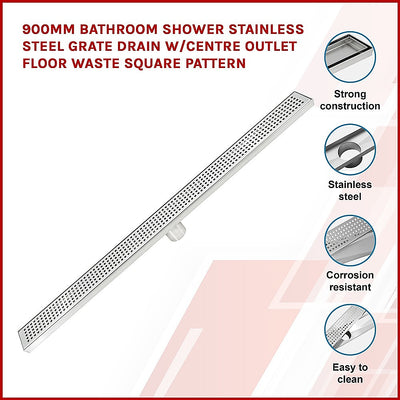 900mm Bathroom Shower Stainless Steel Grate Drain w/Centre outlet Floor Waste Square Pattern