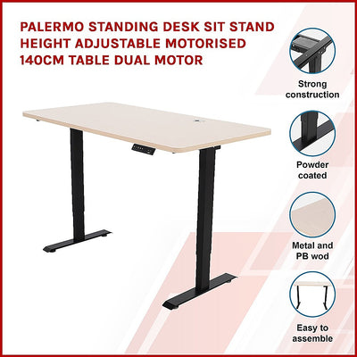 Palermo Standing Desk Sit Stand Height Adjustable Motorised 140cm Table Dual Motor