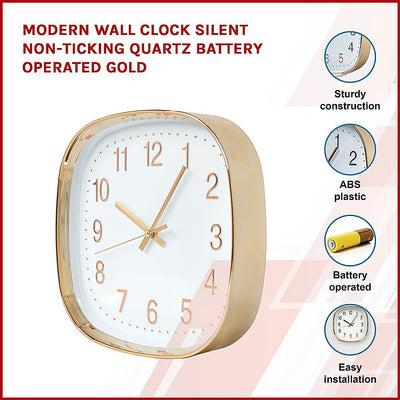 Modern Wall Clock Silent Non-Ticking Quartz Battery Operated Gold