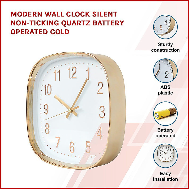 Modern Wall Clock Silent Non-Ticking Quartz Battery Operated Gold