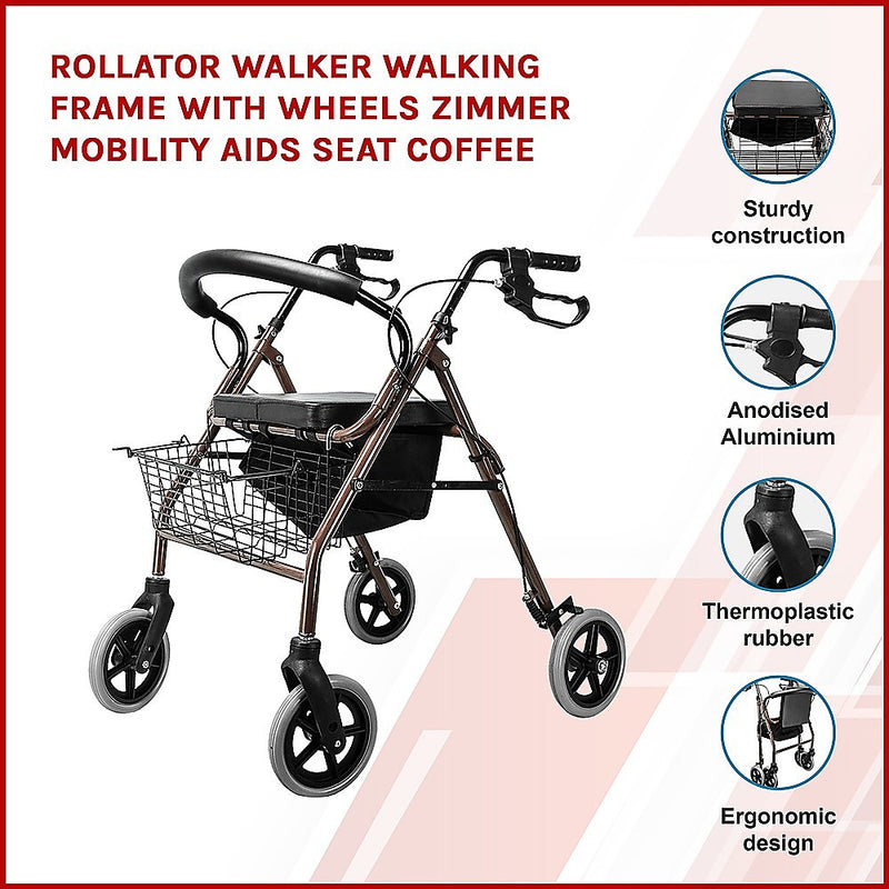 Rollator Walker Walking Frame With Wheels Zimmer Mobility Aids Seat Coffee