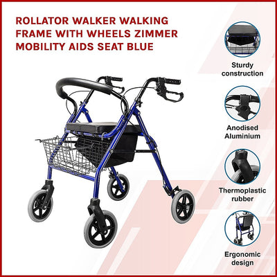 Rollator Walker Walking Frame With Wheels Zimmer Mobility Aids Seat Blue